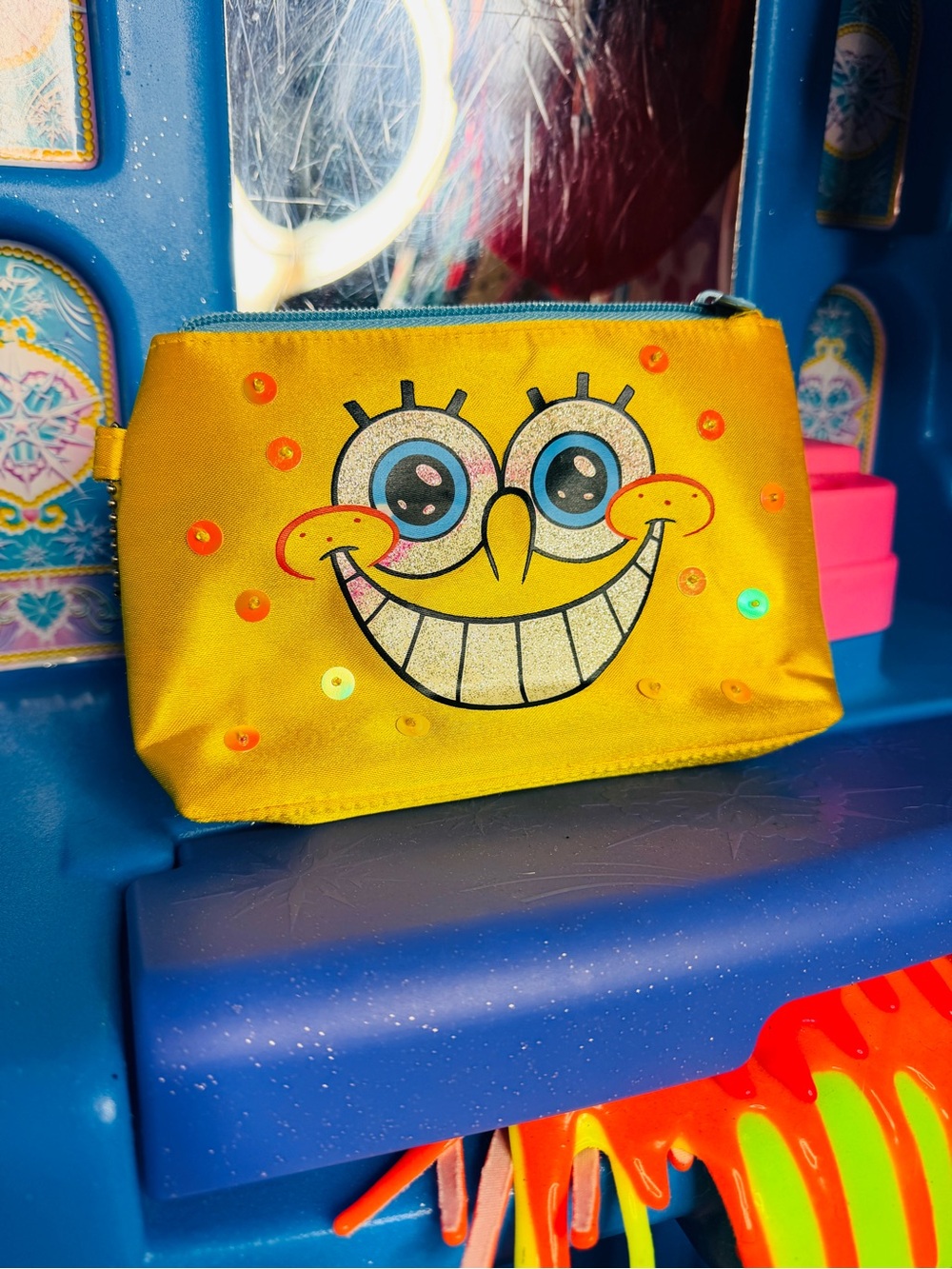 Vintage Y2K SpongeBob Squarepants Yellow Sequin Smile Pouch
